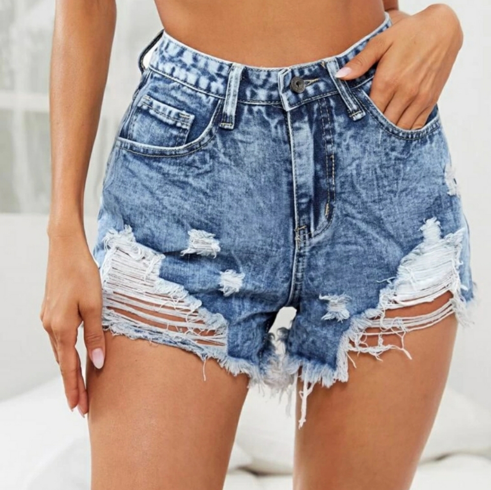Distressed Washed Denim Shorts